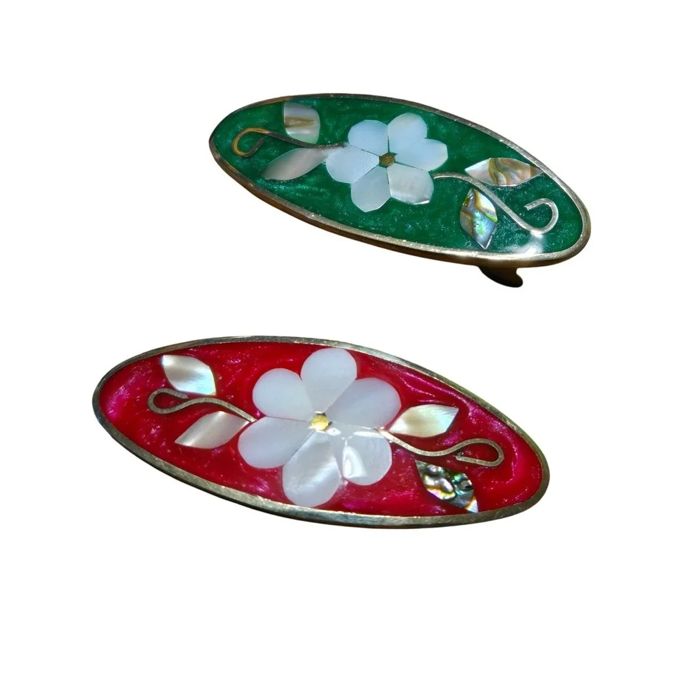 Vintage Mother‎ of Pearl Floral Hair Barrettes Red Green Abalone Set 2